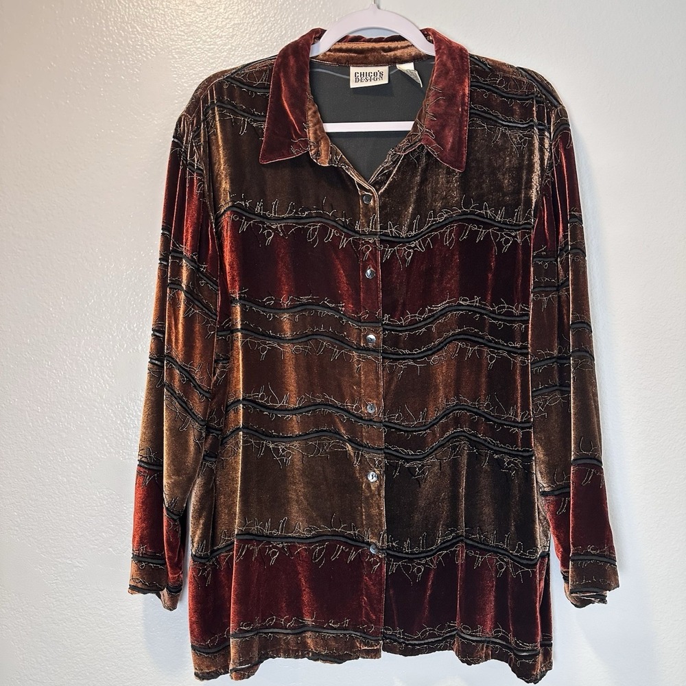 Vintage Chicos Design Size-3 Women's Shirt Top Brown Velvet‎ Silk Blend Boho 90s